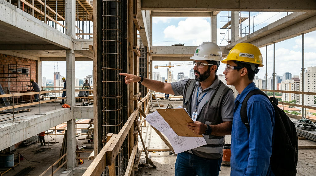 Engenheiro orientando estagiário de construção civil em obra de construtora parceira