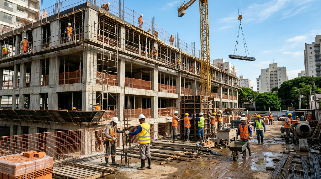 Canteiro de obras em atividade na Baixada Santista com trabalhadores da construção civil